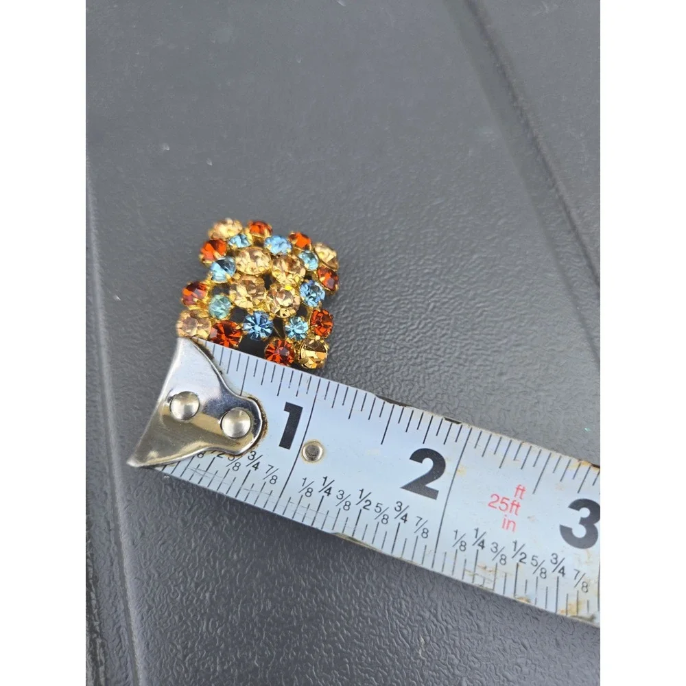Vintage Austrian Gold-Tone Pin Brooch Orange & Blue Rhinestones.